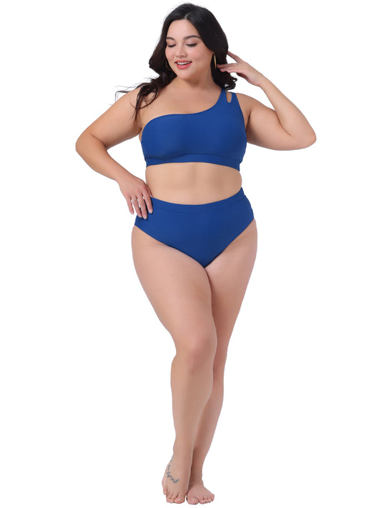 Traje de baño de dos piezas con escote halter y un hombro descubierto para mujer, talla grande, cintura alta