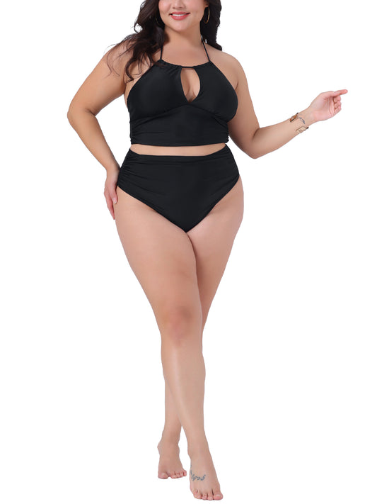 Conjunto de traje de baño de dos piezas para mujer, talla grande, con cuello halter y lunares fruncidos, cintura alta