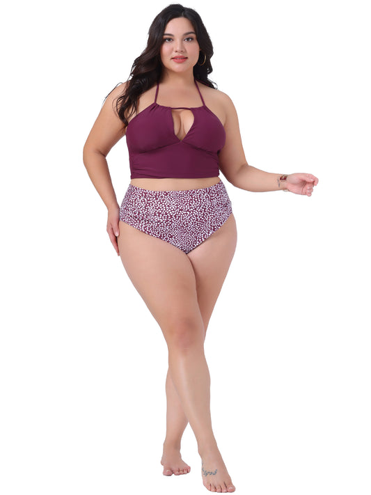 Conjunto de traje de baño de dos piezas para mujer, talla grande, con cuello halter y lunares fruncidos, cintura alta