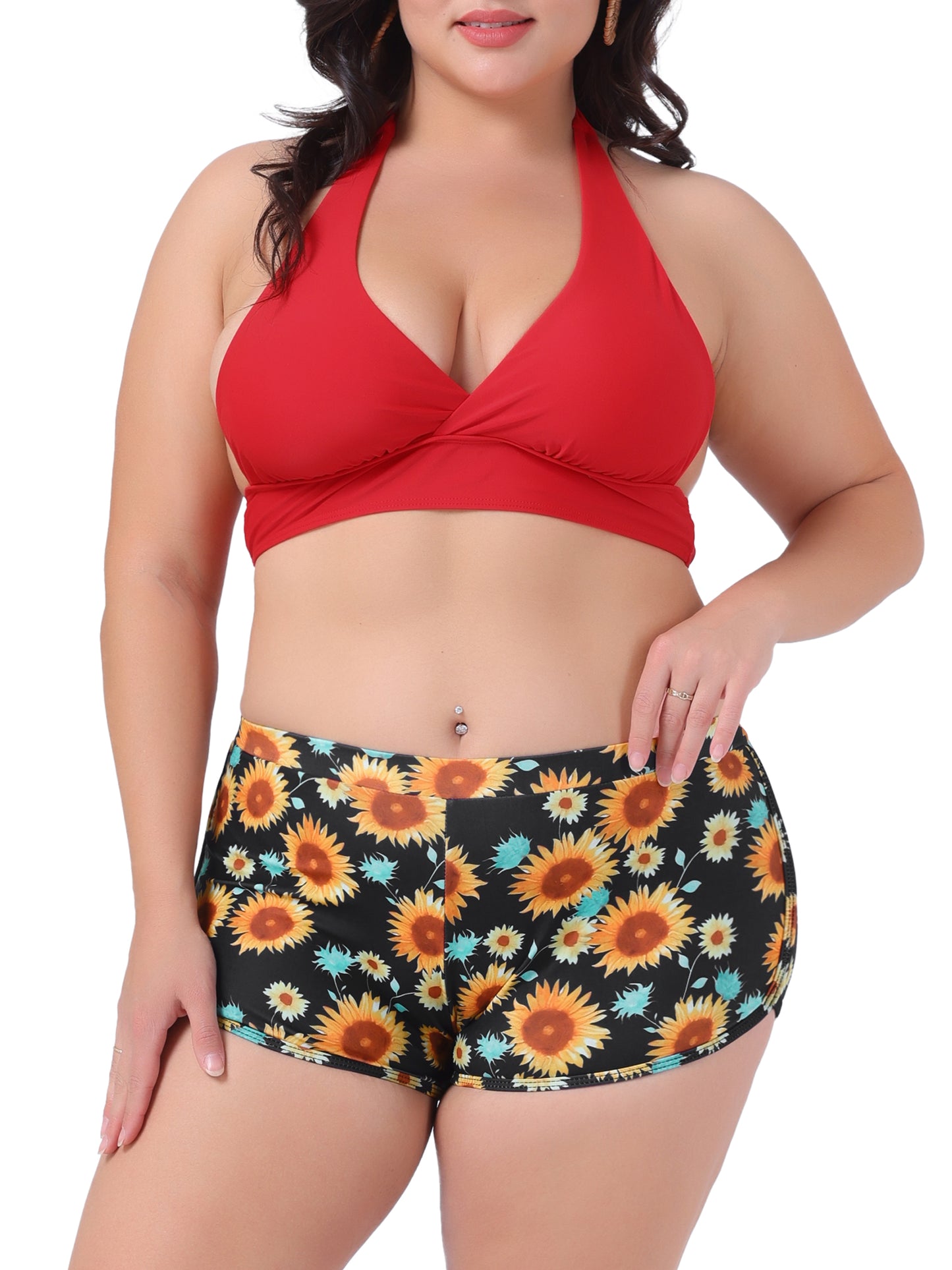 Women's Plus Size Sunflower Bikini 2 Piece Swimsuits High Waisted Halter Bathing Suit Sets