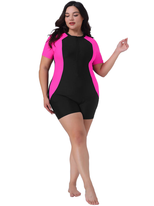 Women Plus Size Rash Guard Full Body Zip Front Short Sleeve Swimsuits Surfing Swimwear