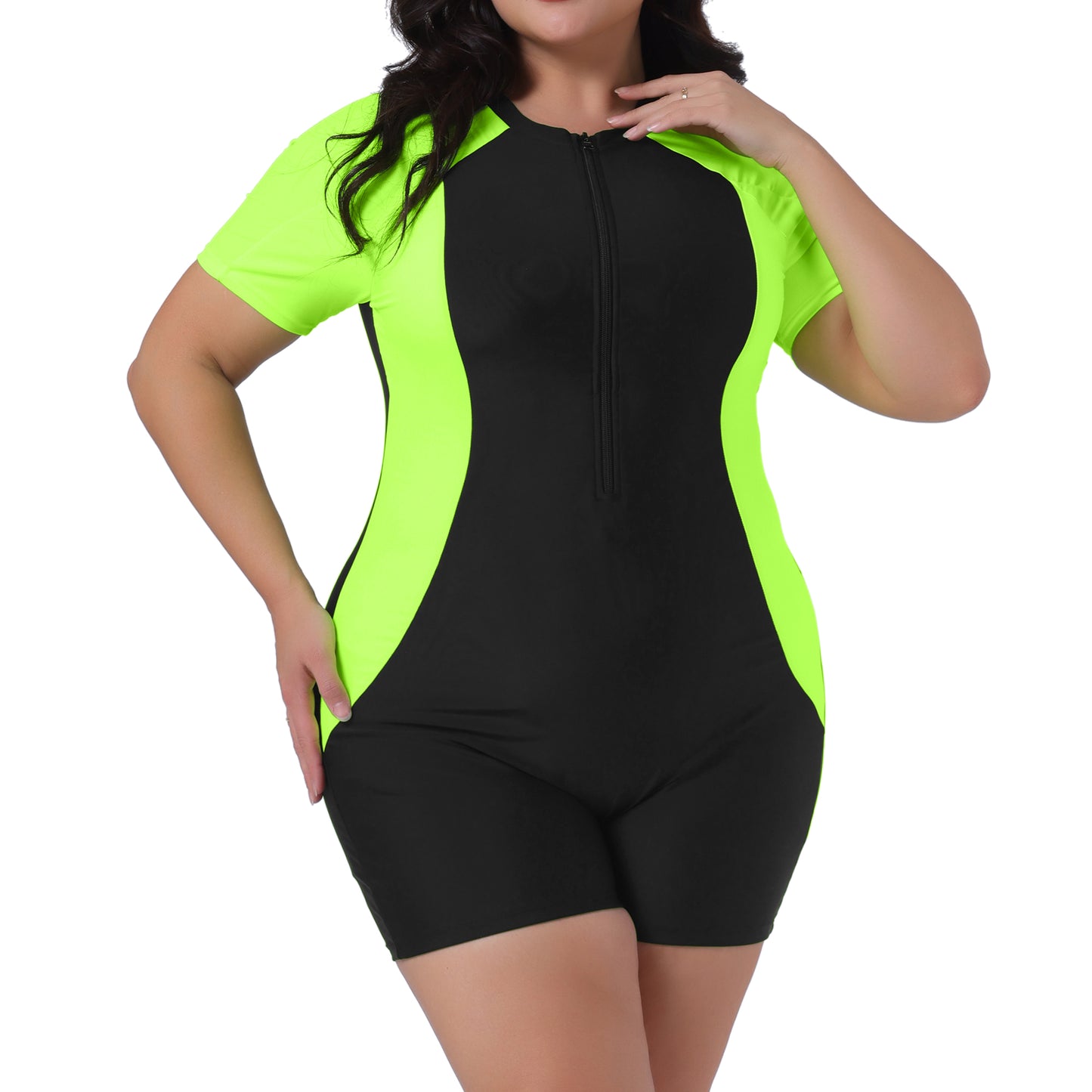 Trajes de baño de manga corta con cremallera frontal y protección contra erupciones de talla grande para mujer, para surf