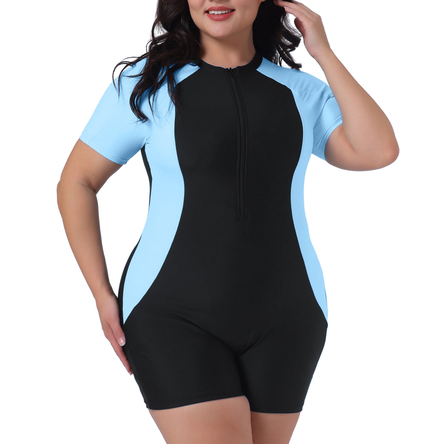 Trajes de baño de manga corta con cremallera frontal y protección contra erupciones de talla grande para mujer, para surf