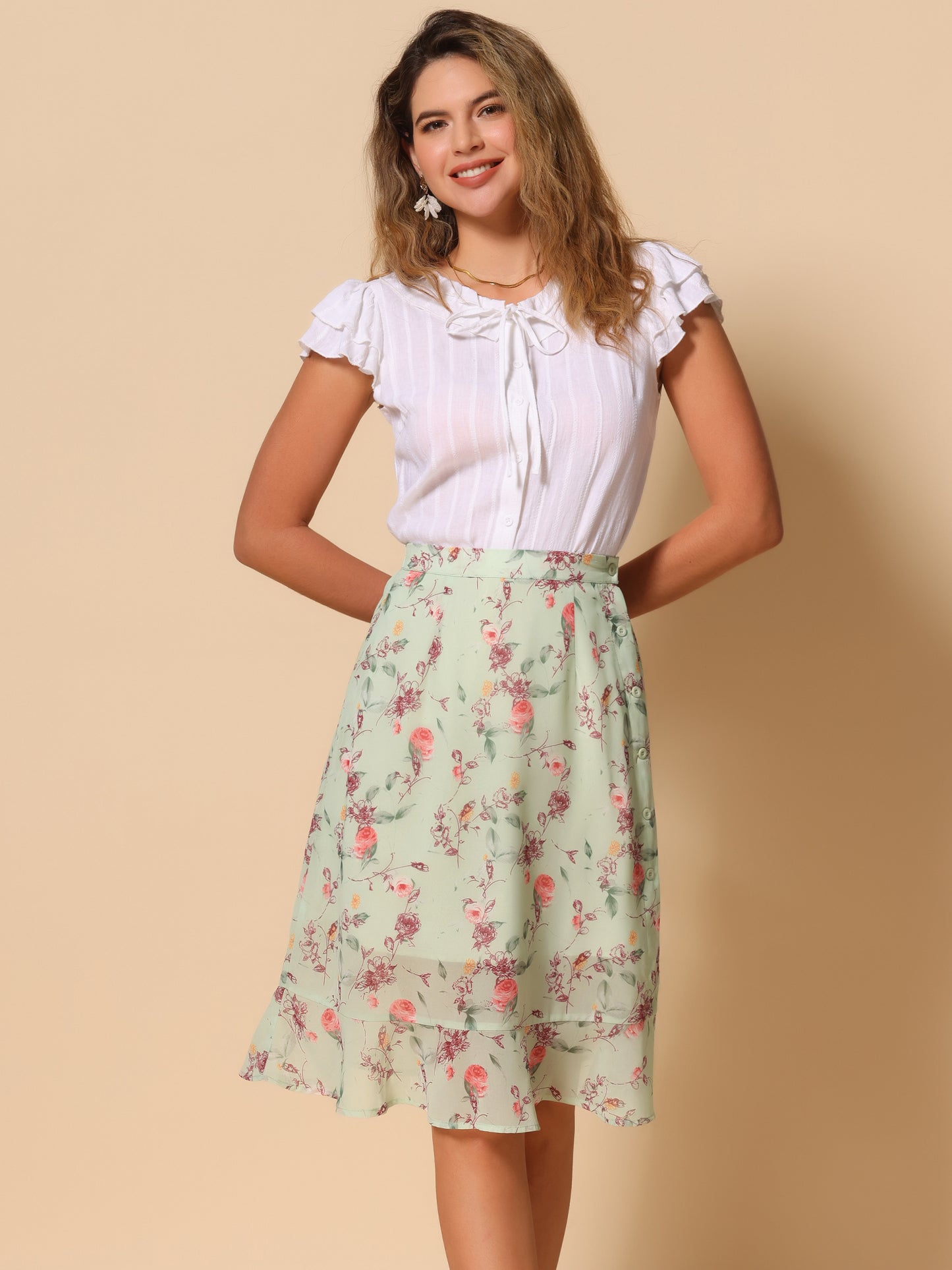 Faldas midi florales para mujer, de verano, con volantes, cintura alta, fluidas, corte A, con abertura hasta la rodilla