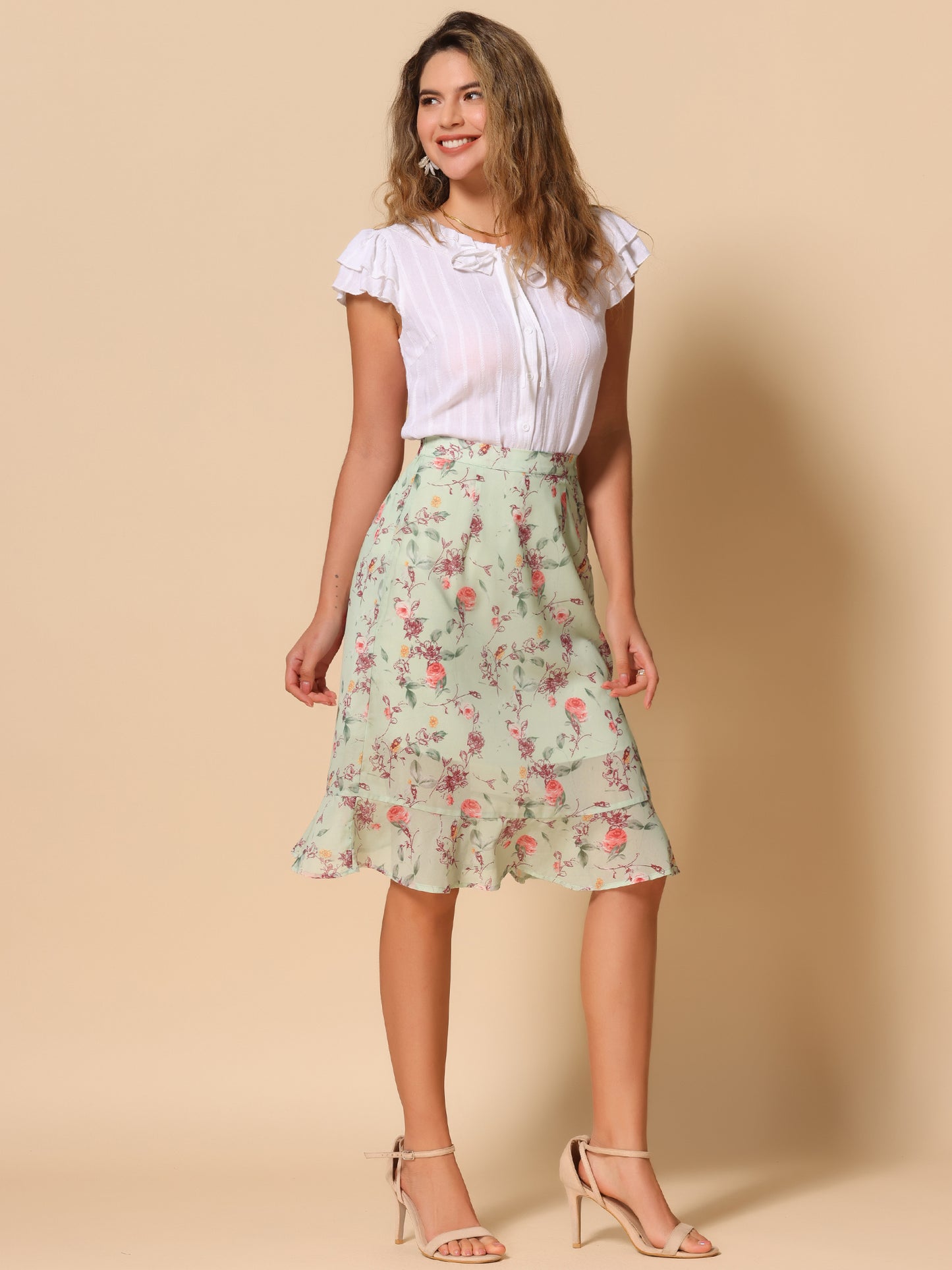 Faldas midi florales para mujer, de verano, con volantes, cintura alta, fluidas, corte A, con abertura hasta la rodilla