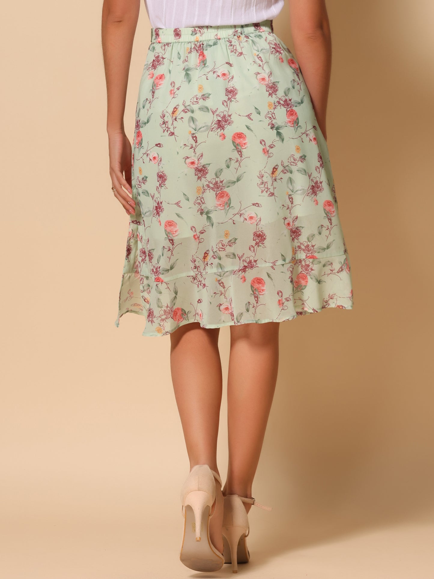 Faldas midi florales para mujer, de verano, con volantes, cintura alta, fluidas, corte A, con abertura hasta la rodilla