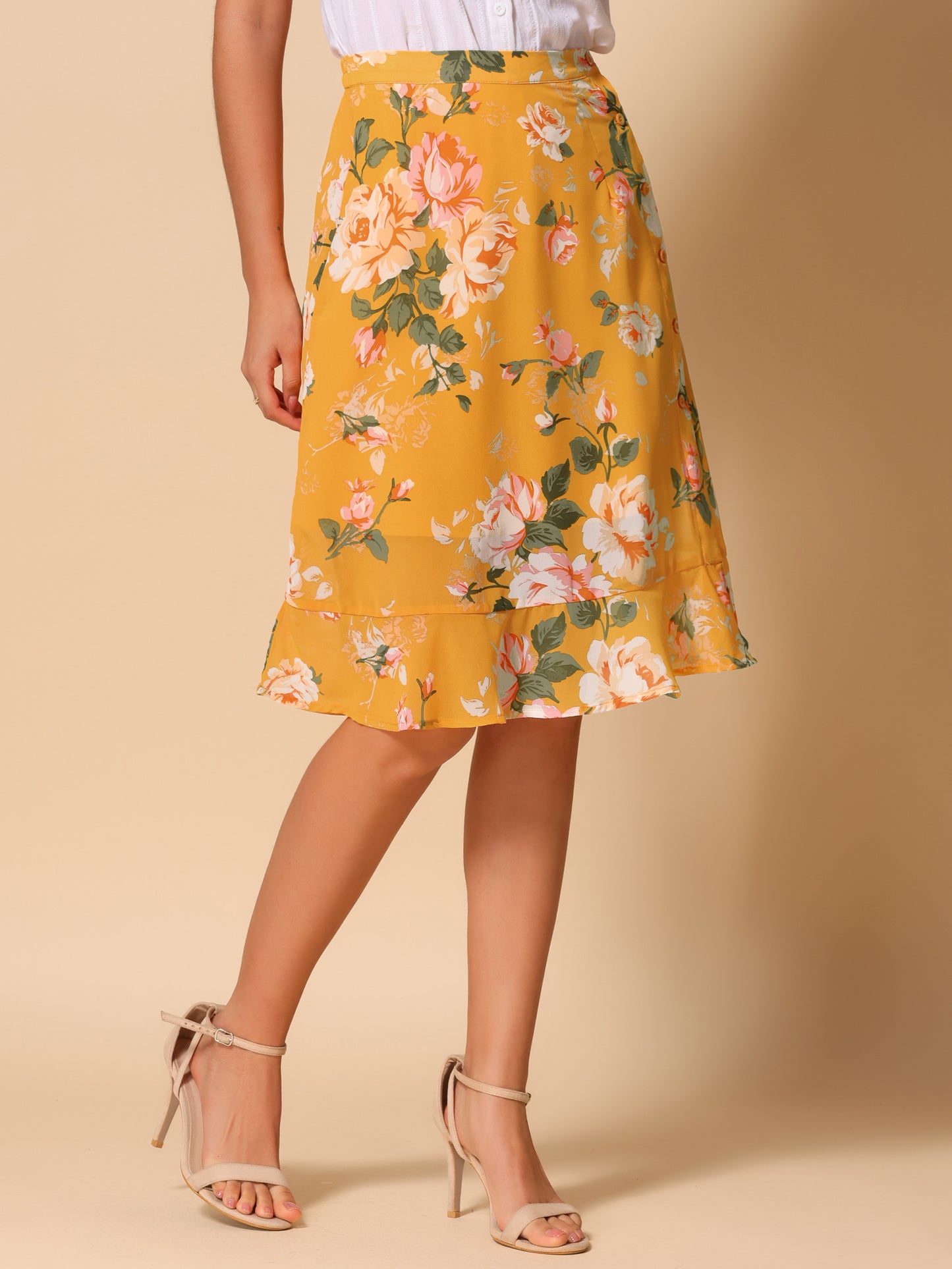 Faldas midi florales para mujer, de verano, con volantes, cintura alta, fluidas, corte A, con abertura hasta la rodilla