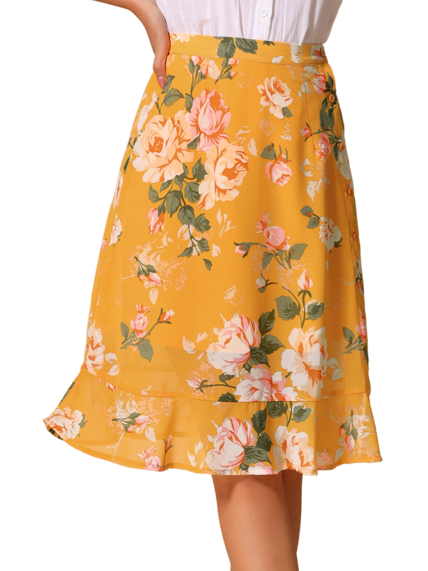 Faldas midi florales para mujer, de verano, con volantes, cintura alta, fluidas, corte A, con abertura hasta la rodilla