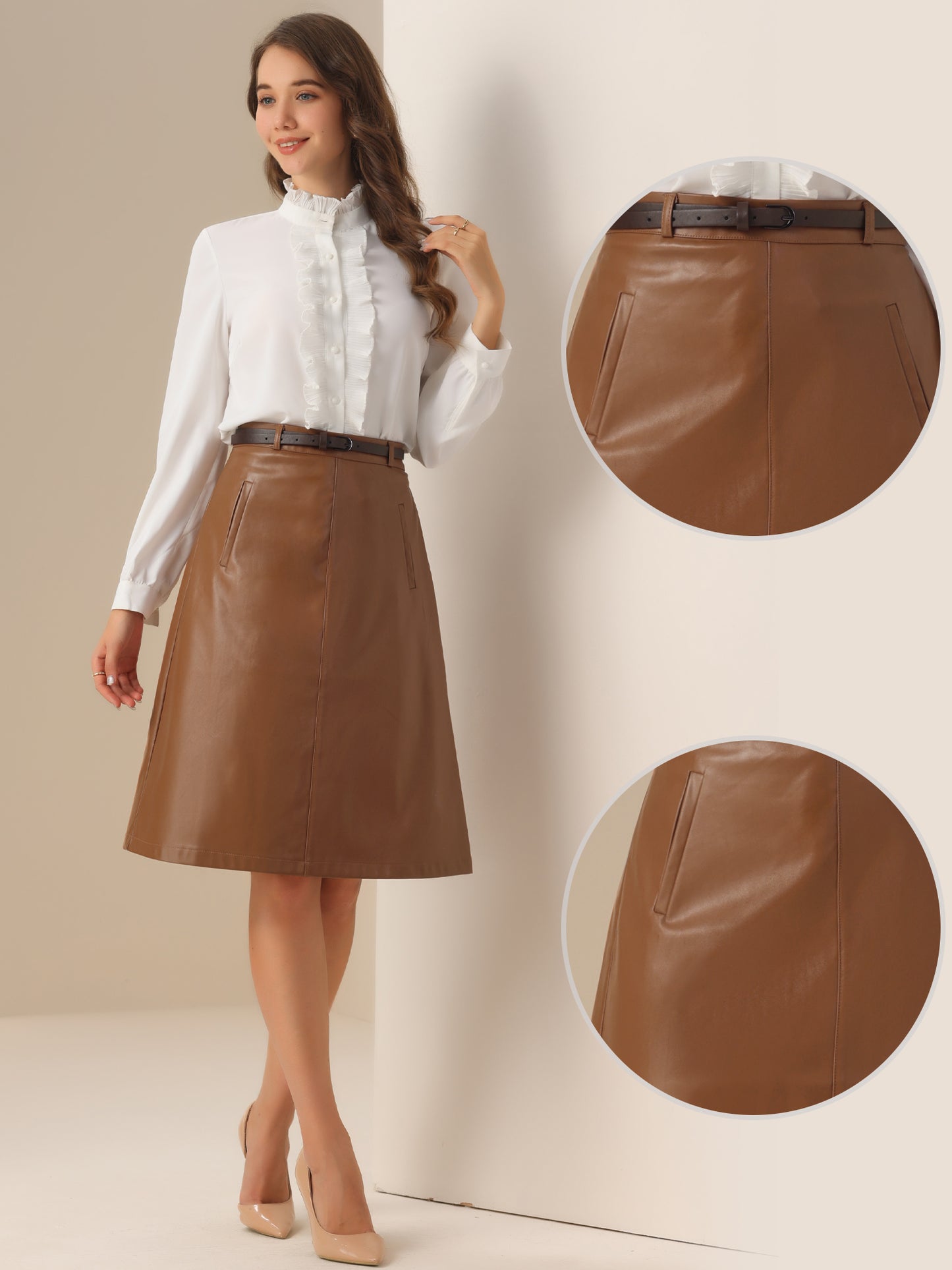 Women's A-Line High Waist PU Fall Winter Faux Leather Belted Midi Skirt