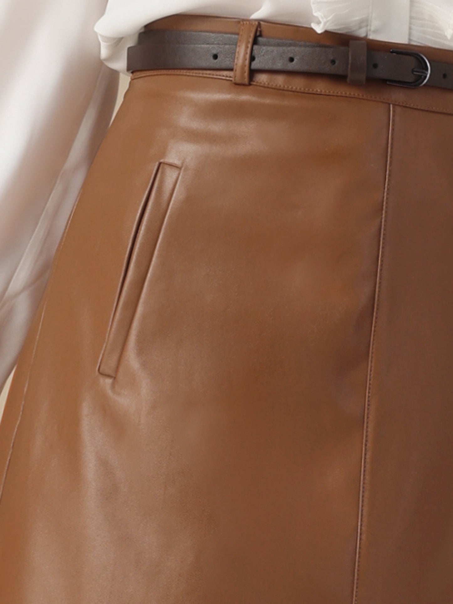 Women's A-Line High Waist PU Fall Winter Faux Leather Belted Midi Skirt