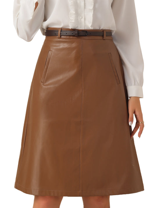 Women's A-Line High Waist PU Fall Winter Faux Leather Belted Midi Skirt