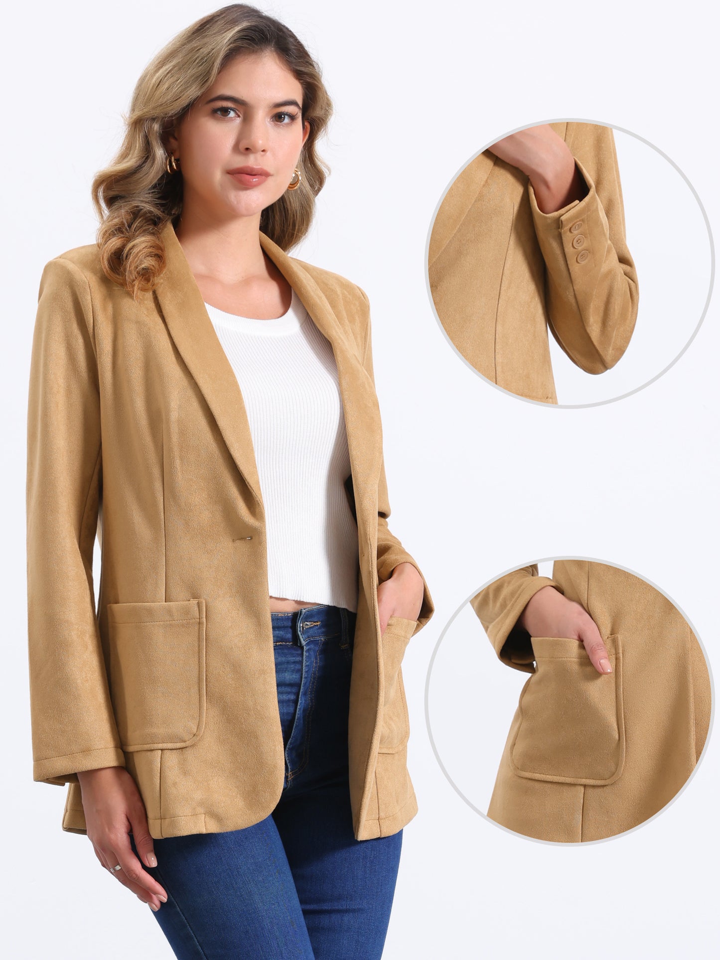 Women's Faux Suede Blazer Lapel Collar One Button Dressy Suit Jacket