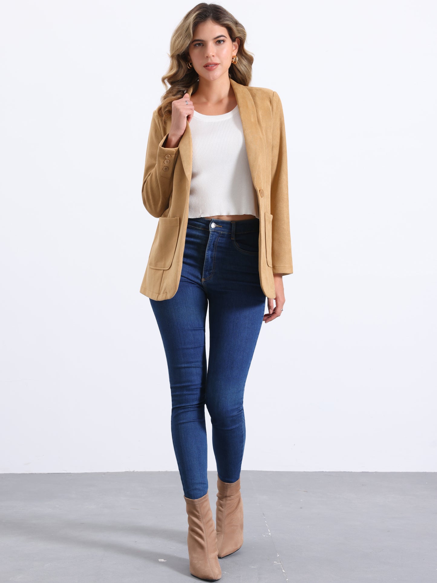 Women's Faux Suede Blazer Lapel Collar One Button Dressy Suit Jacket