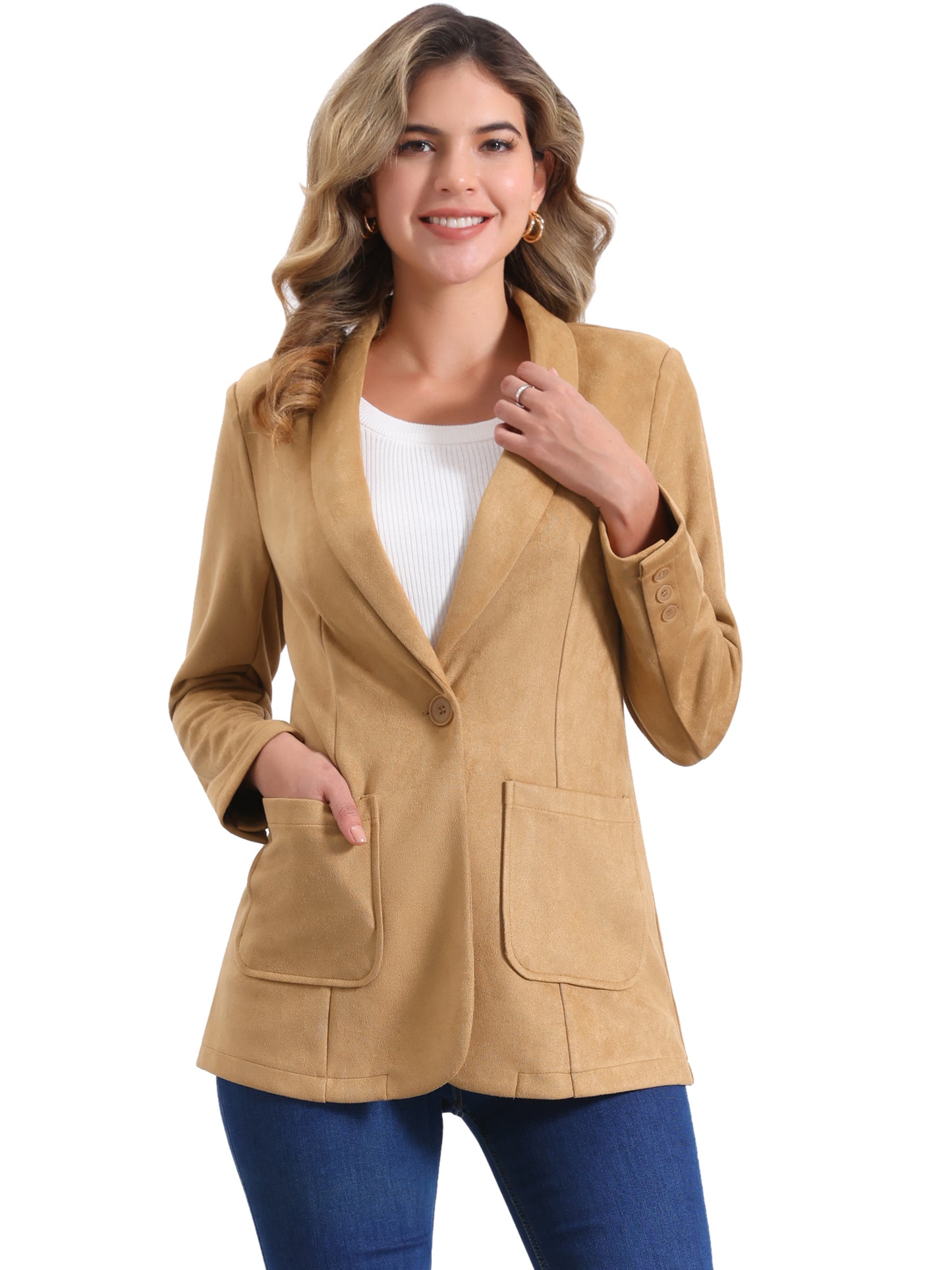 Women's Faux Suede Blazer Lapel Collar One Button Dressy Suit Jacket