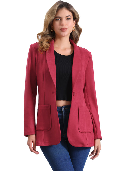 Women's Faux Suede Blazer Lapel Collar One Button Dressy Suit Jacket