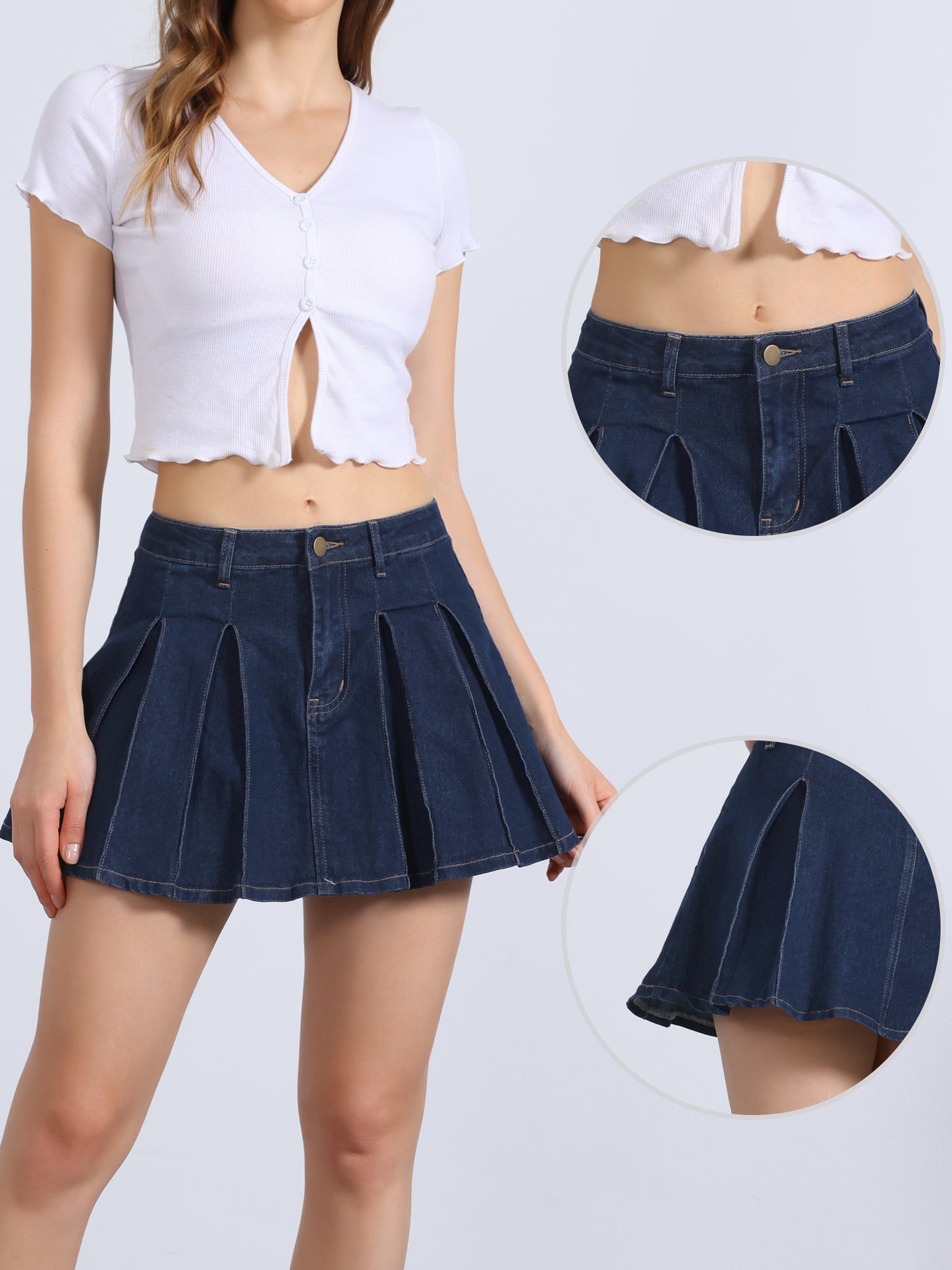 Women's Pleated Denim Skirt Casual A-Line High Waist Short Mini Jean Skirts