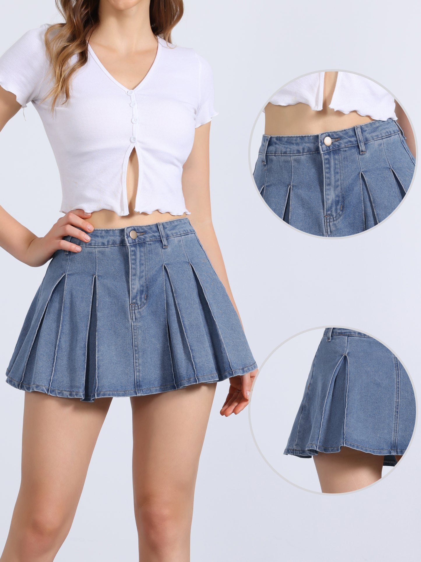 Women's Pleated Denim Skirt Casual A-Line High Waist Short Mini Jean Skirts