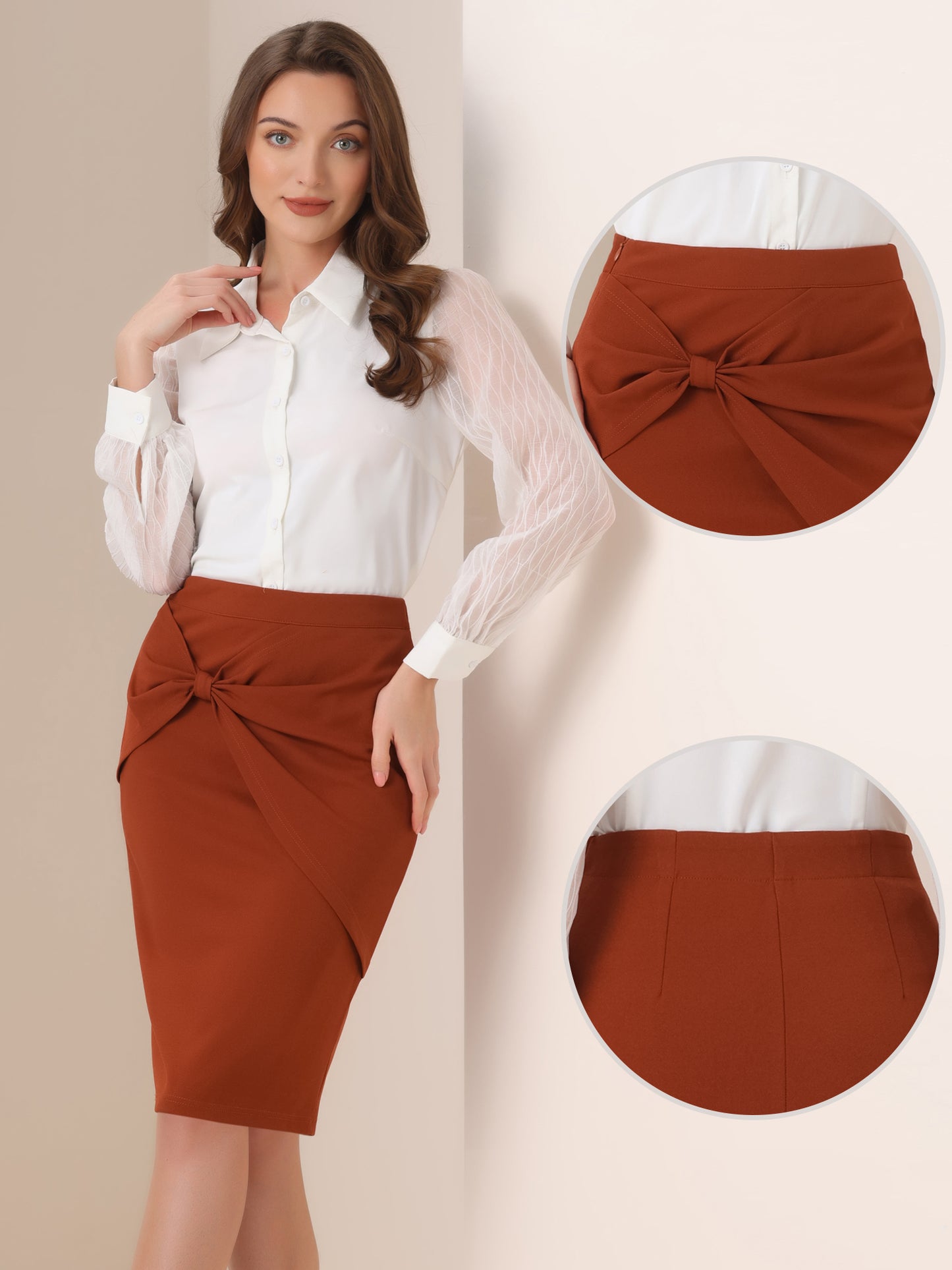 Women's Office Ruched High Waist Knee Length Wear to Work Pencil Bodycon Skirt