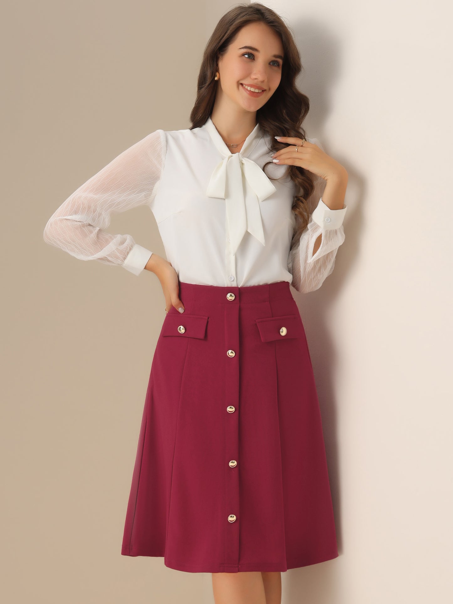 Falda formal de trabajo con botones delanteros y corte A hasta la rodilla para mujer