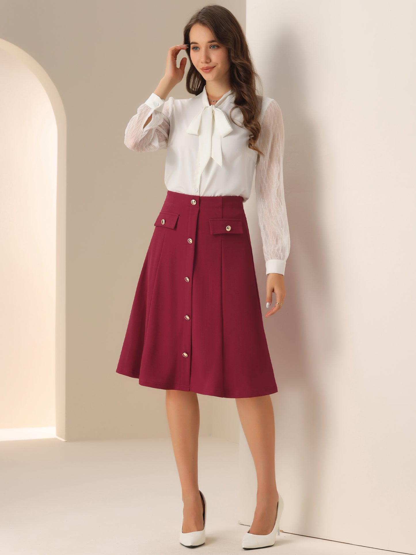 Falda formal de trabajo con botones delanteros y corte A hasta la rodilla para mujer