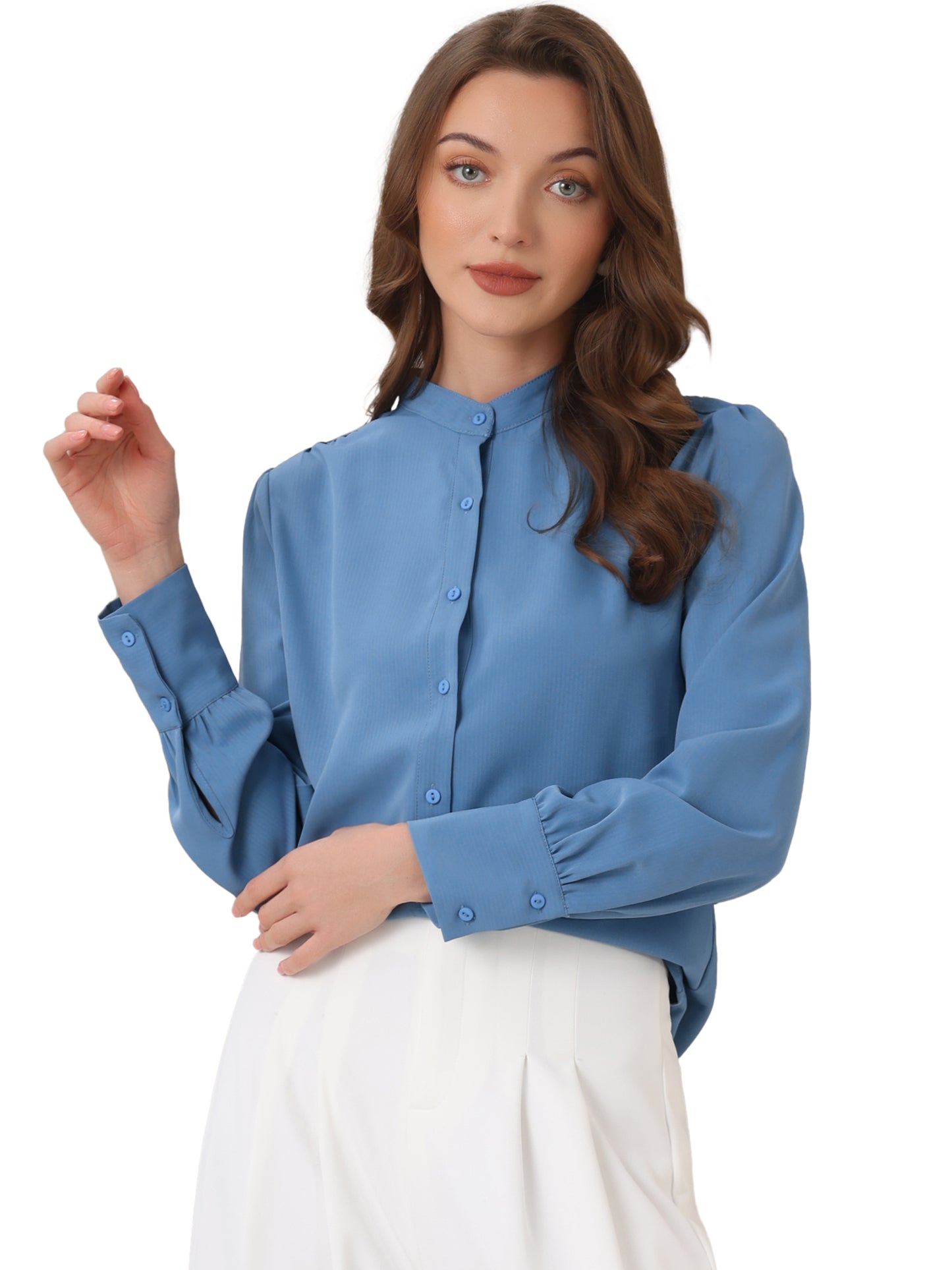 Women's Button Down Long Sleeve Mandarin Collar Work Shirt (Available in Plus Size)