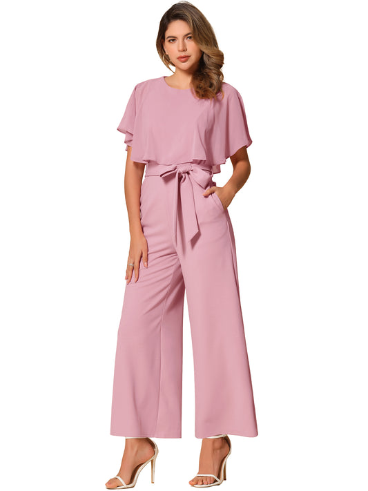 Women's Dressy Casual Tie Waist Wide Leg Pants Ruffle Sleeve Jumpsuit