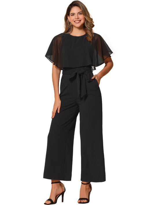 Women's Dressy Casual Tie Waist Wide Leg Pants Ruffle Sleeve Jumpsuit