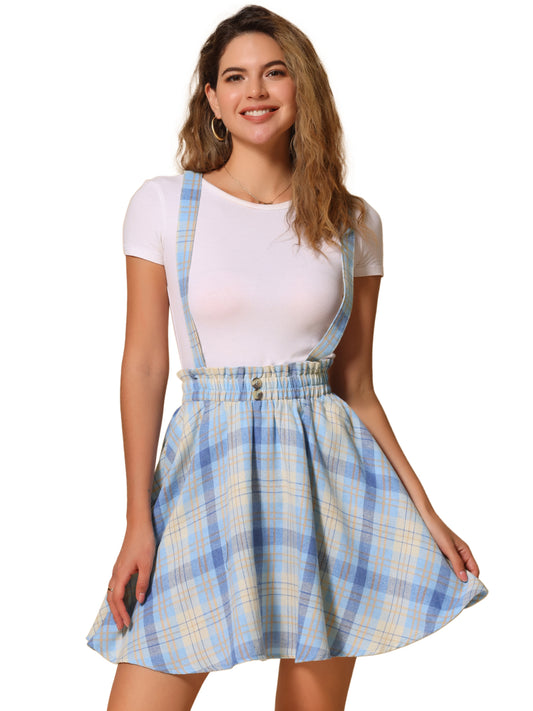 Women's Tartan Plaid Button Decor Flare Skater Suspender Skirt