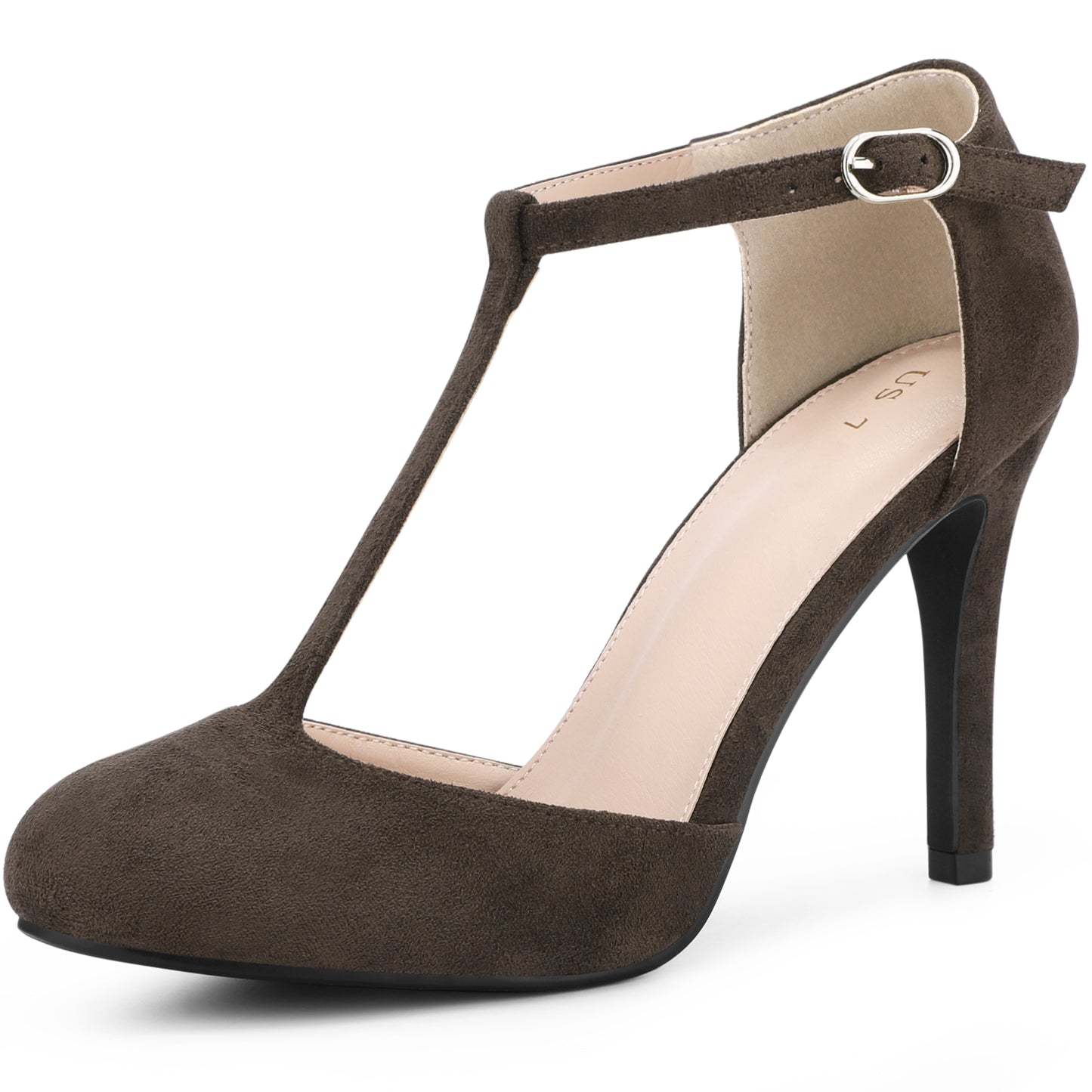 Zapatos de vestir con tiras en T, tacón de aguja y punta redondeada para mujer