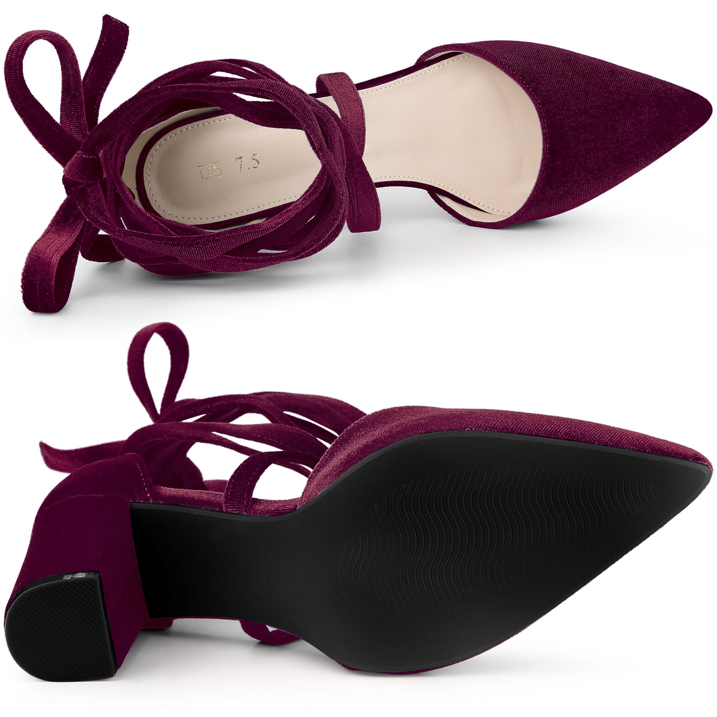 Women's Velvet Lace Up Chunky Heels Pointed Toe Pumps