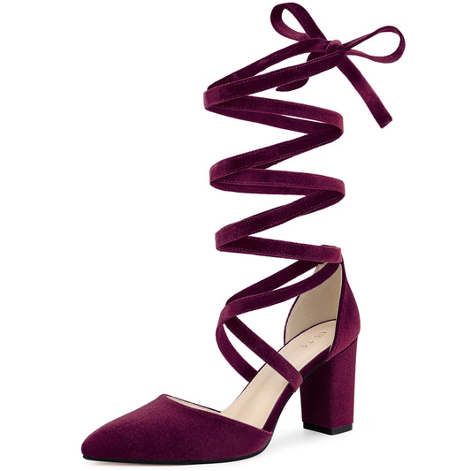 Women's Velvet Lace Up Chunky Heels Pointed Toe Pumps