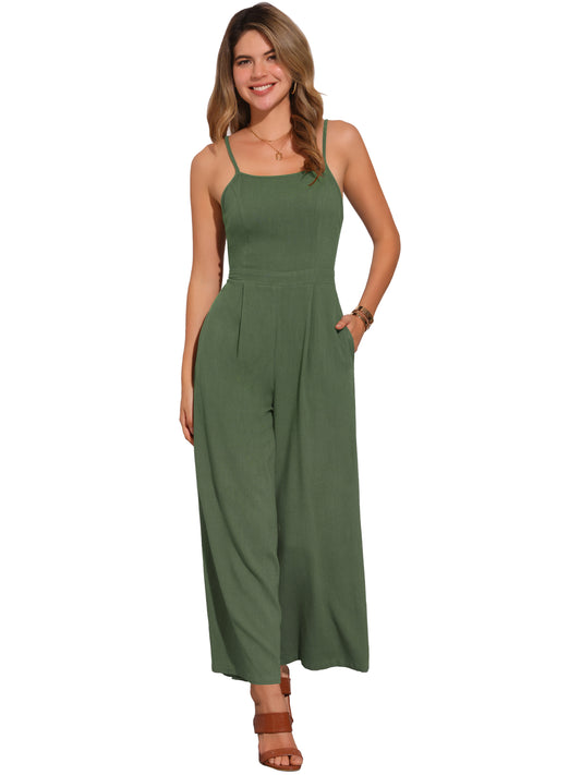 Women's Casual Spaghetti Strap Sleeveless Wide Legs Rompers Linen Jumpsuits