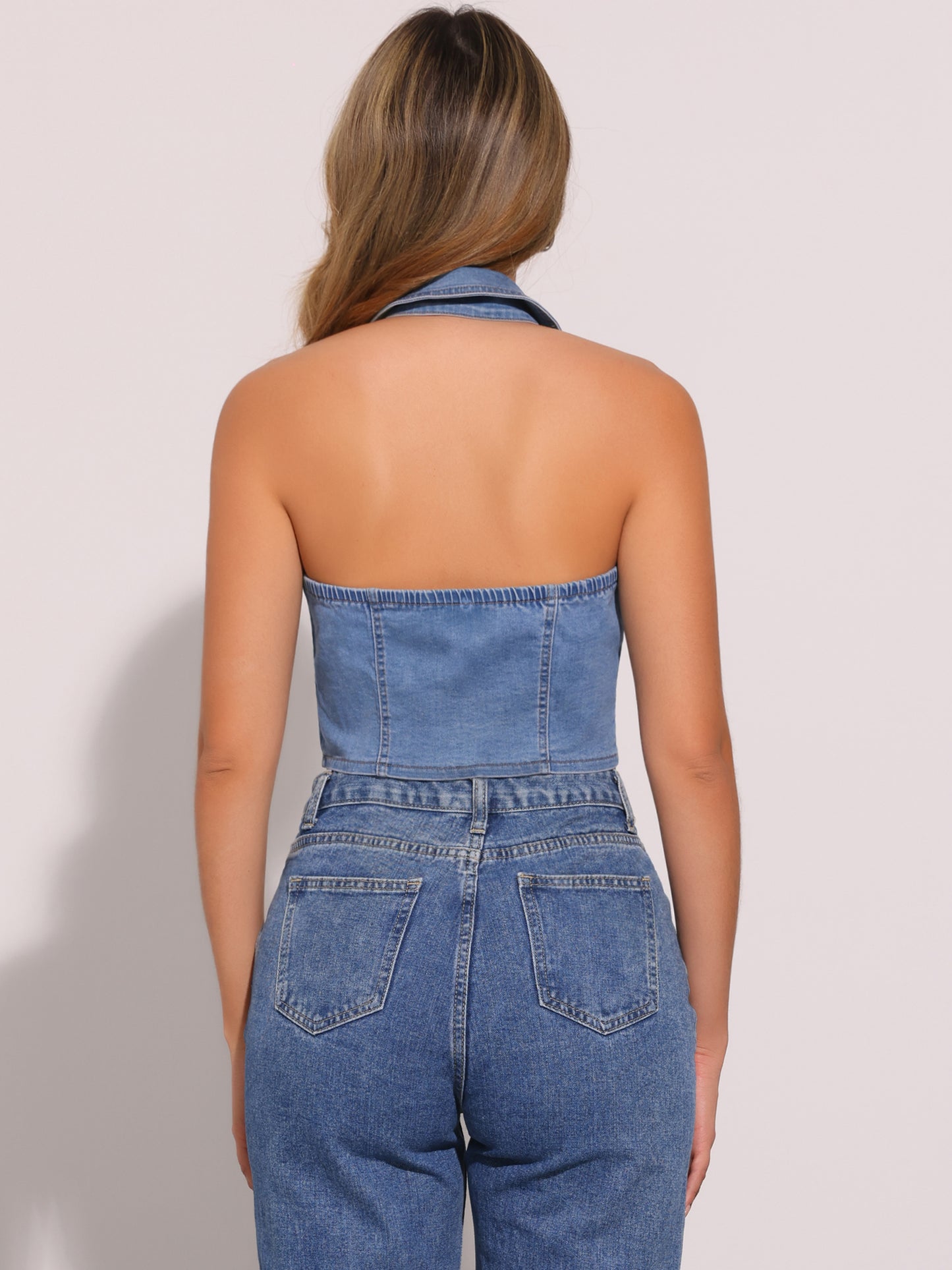 Women's Zipper Up Collared Sleeveless Jean Corset Denim Halter Top