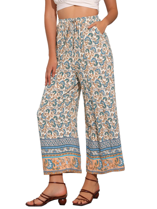 Pantalones bohemios florales para mujer, cintura con cordón, pierna ancha y bolsillos para playa