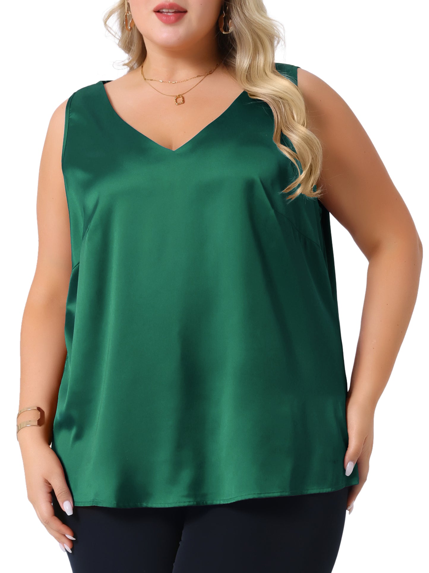 Women Plus Size Satin Tank Tops V Neck Casual Sleeveless Summer Basic Tank