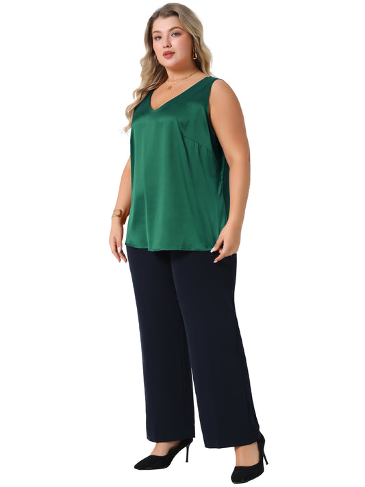 Women Plus Size Satin Tank Tops V Neck Casual Sleeveless Summer Basic Tank