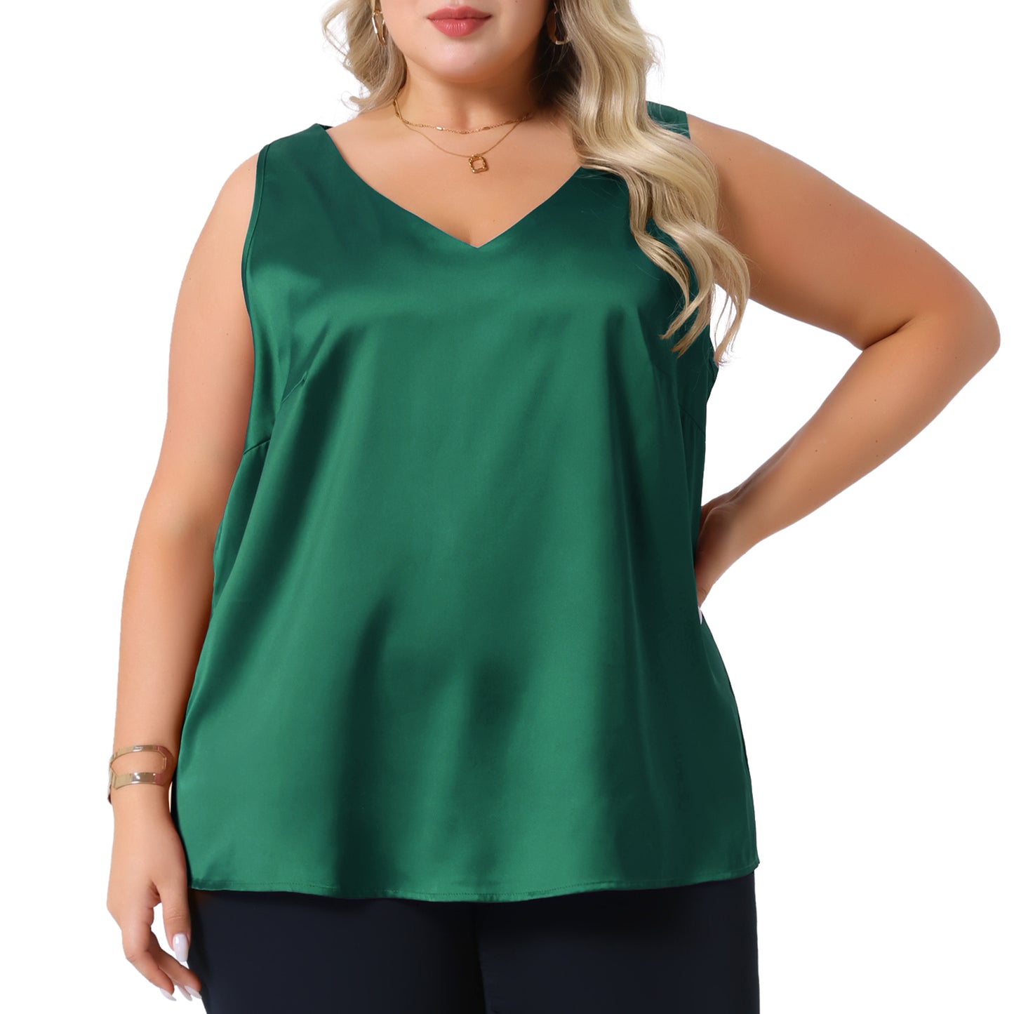 Women Plus Size Satin Tank Tops V Neck Casual Sleeveless Summer Basic Tank