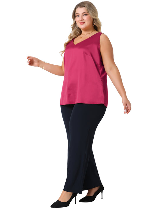 Women Plus Size Satin Tank Tops V Neck Casual Sleeveless Summer Basic Tank