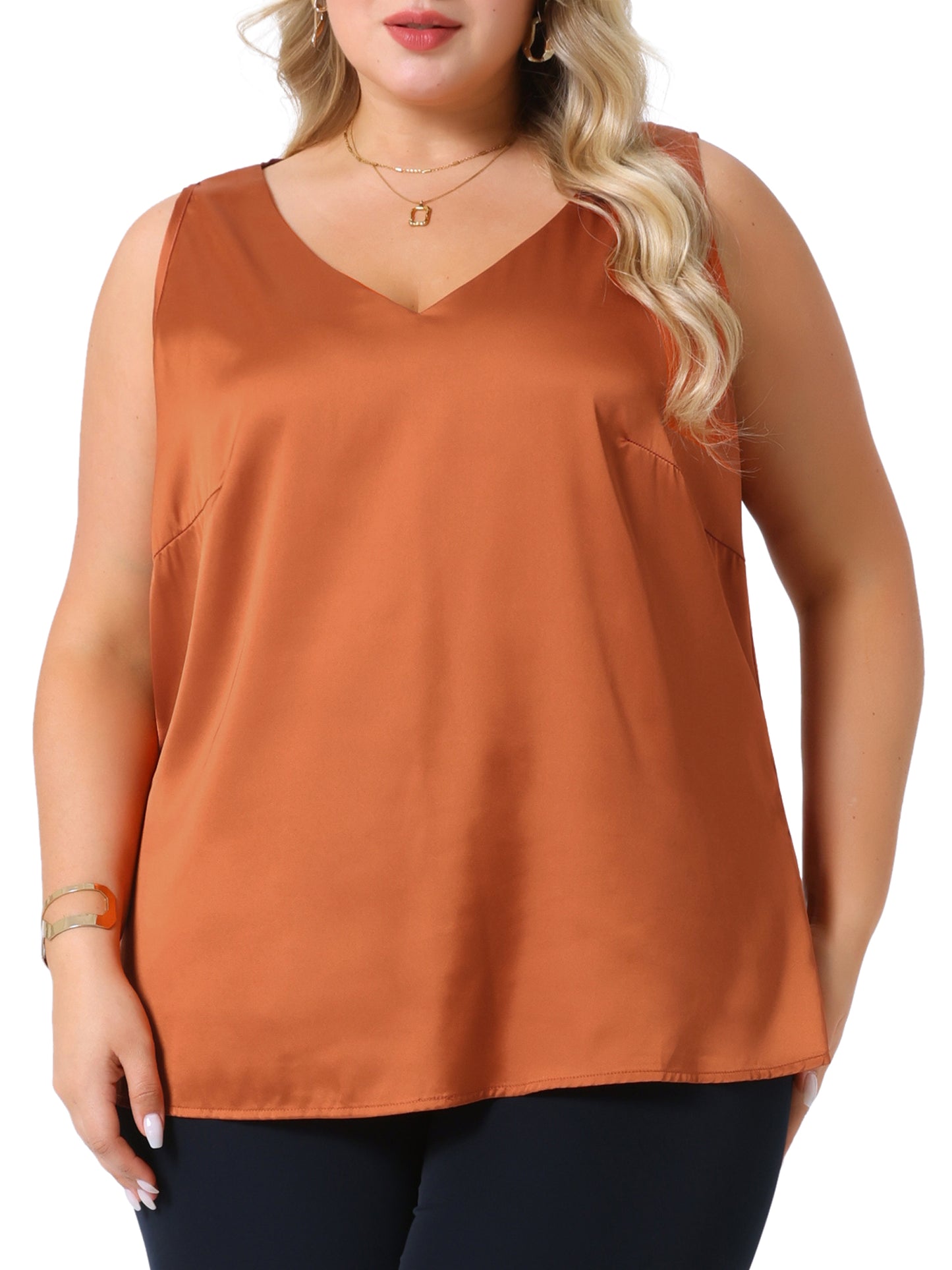 Women Plus Size Satin Tank Tops V Neck Casual Sleeveless Summer Basic Tank