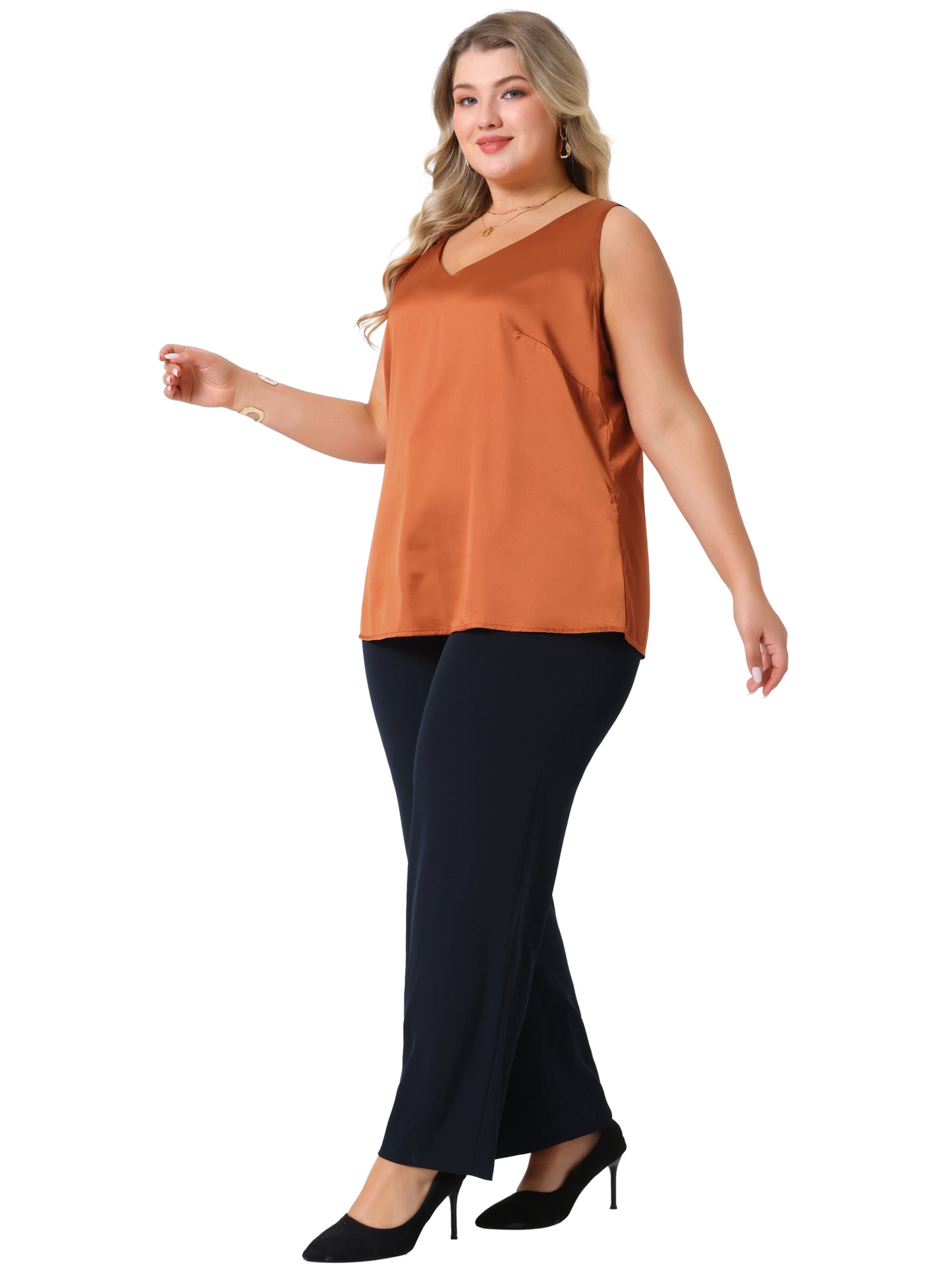 Women Plus Size Satin Tank Tops V Neck Casual Sleeveless Summer Basic Tank