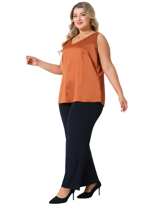 Women Plus Size Satin Tank Tops V Neck Casual Sleeveless Summer Basic Tank