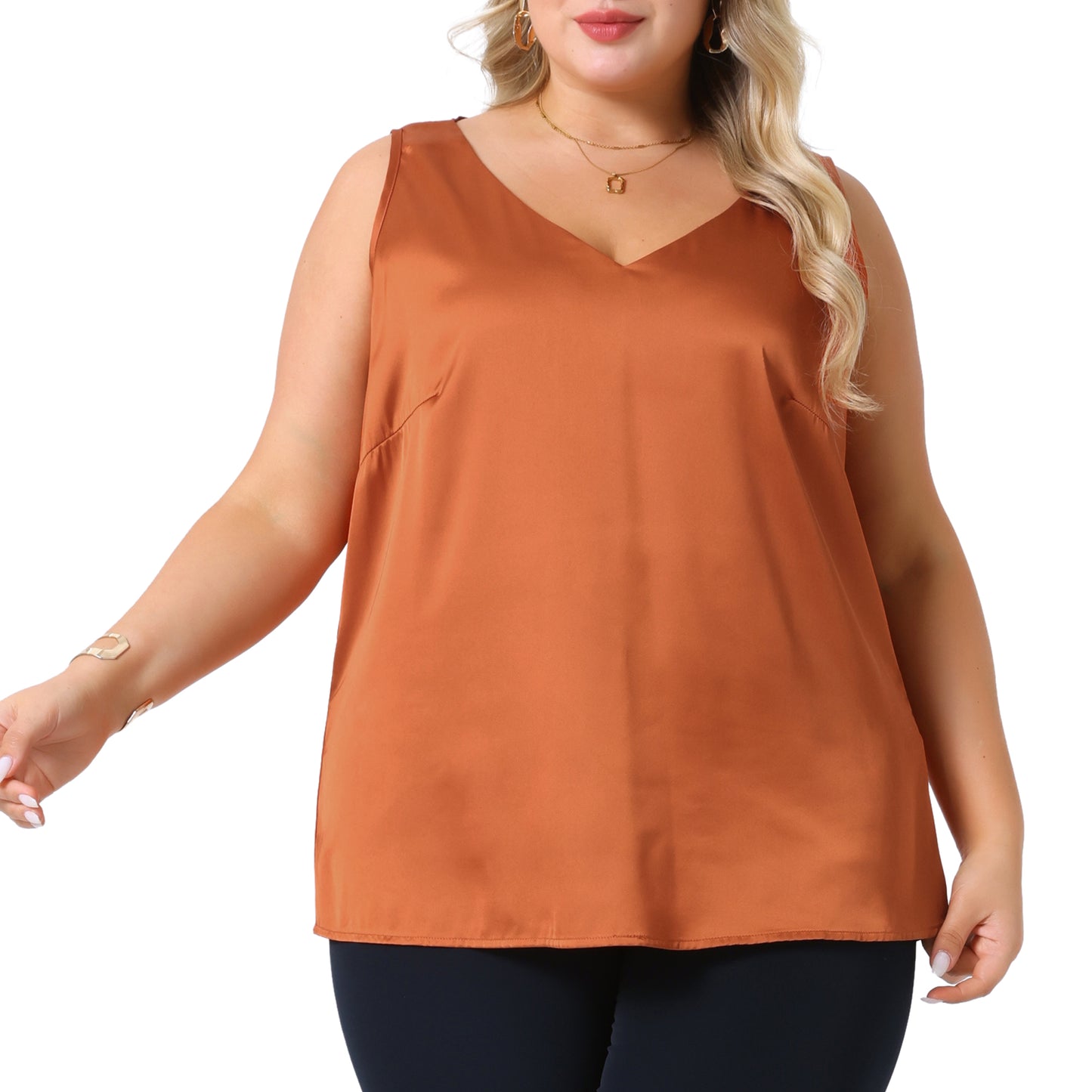 Women Plus Size Satin Tank Tops V Neck Casual Sleeveless Summer Basic Tank