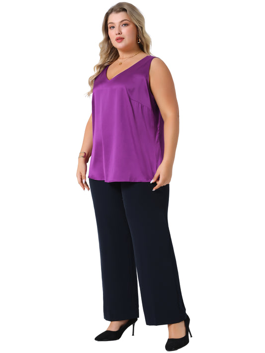Women Plus Size Satin Tank Tops V Neck Casual Sleeveless Summer Basic Tank