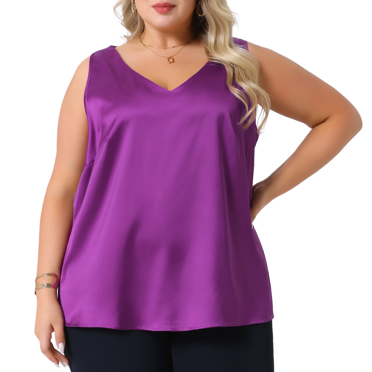Women Plus Size Satin Tank Tops V Neck Casual Sleeveless Summer Basic Tank