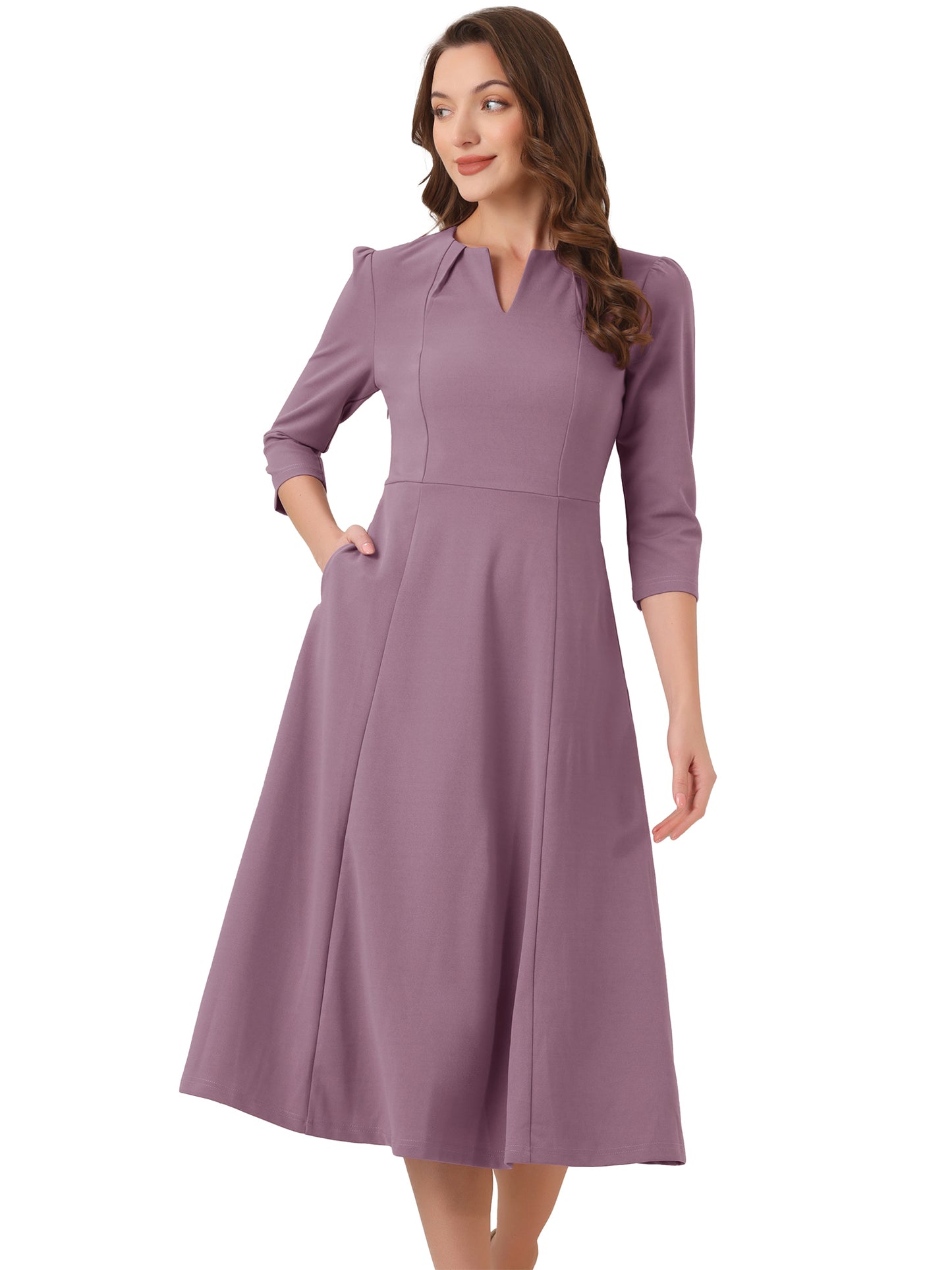 Women's 3/4 Sleeve Dresses V Neck Pockets Elegant Work Business Spring Fall A-Line Midi Dress (Available in Plus Size)