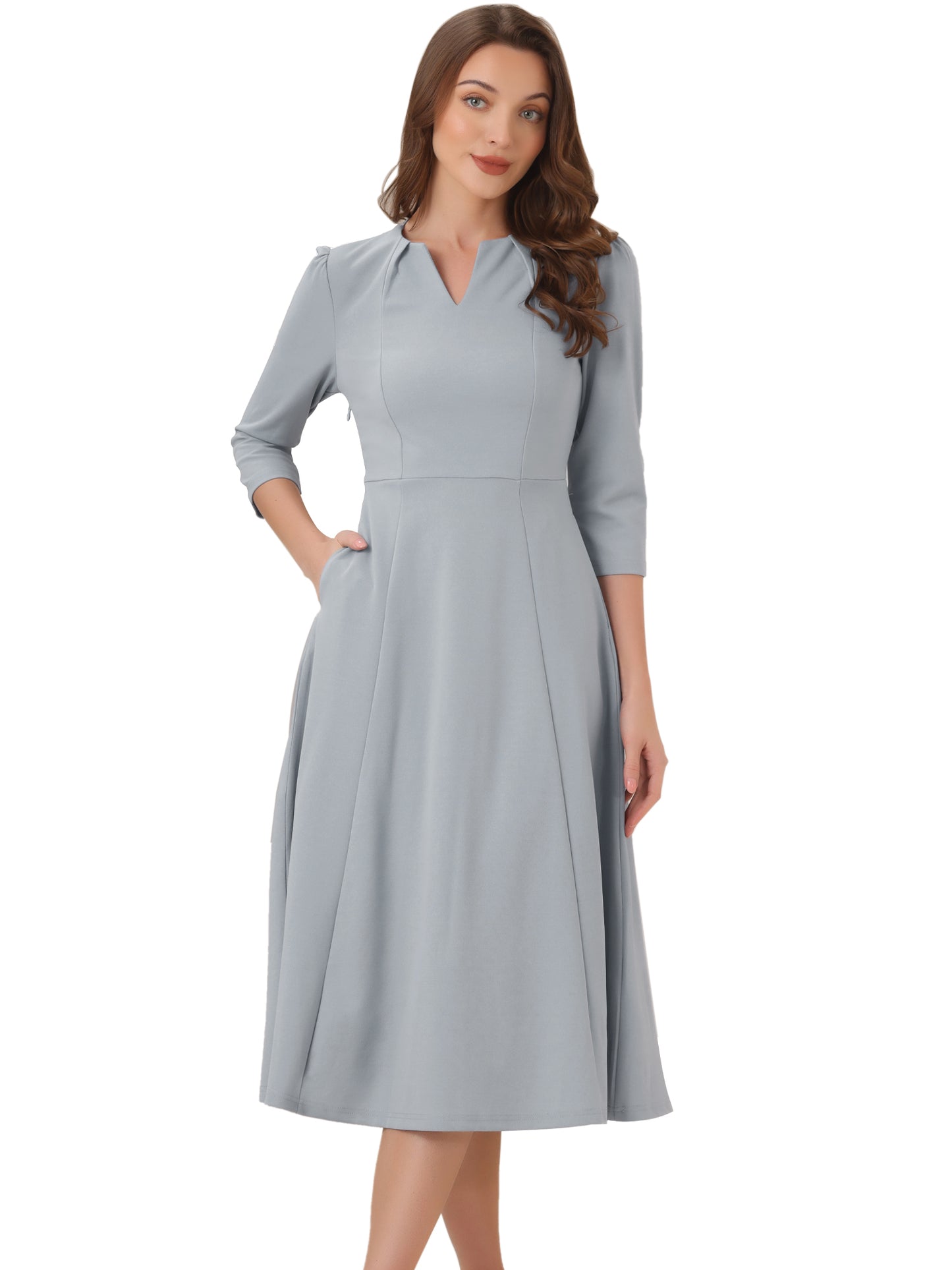 Women's 3/4 Sleeve Dresses V Neck Pockets Elegant Work Business Spring Fall A-Line Midi Dress (Available in Plus Size)