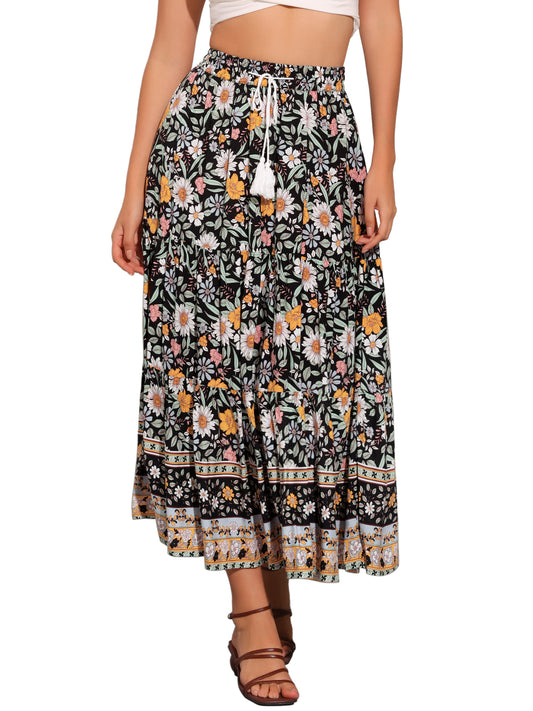 Women's Boho Skirt Summer Floral Bohemian Tassels Elastic Waist Maxi Skirt