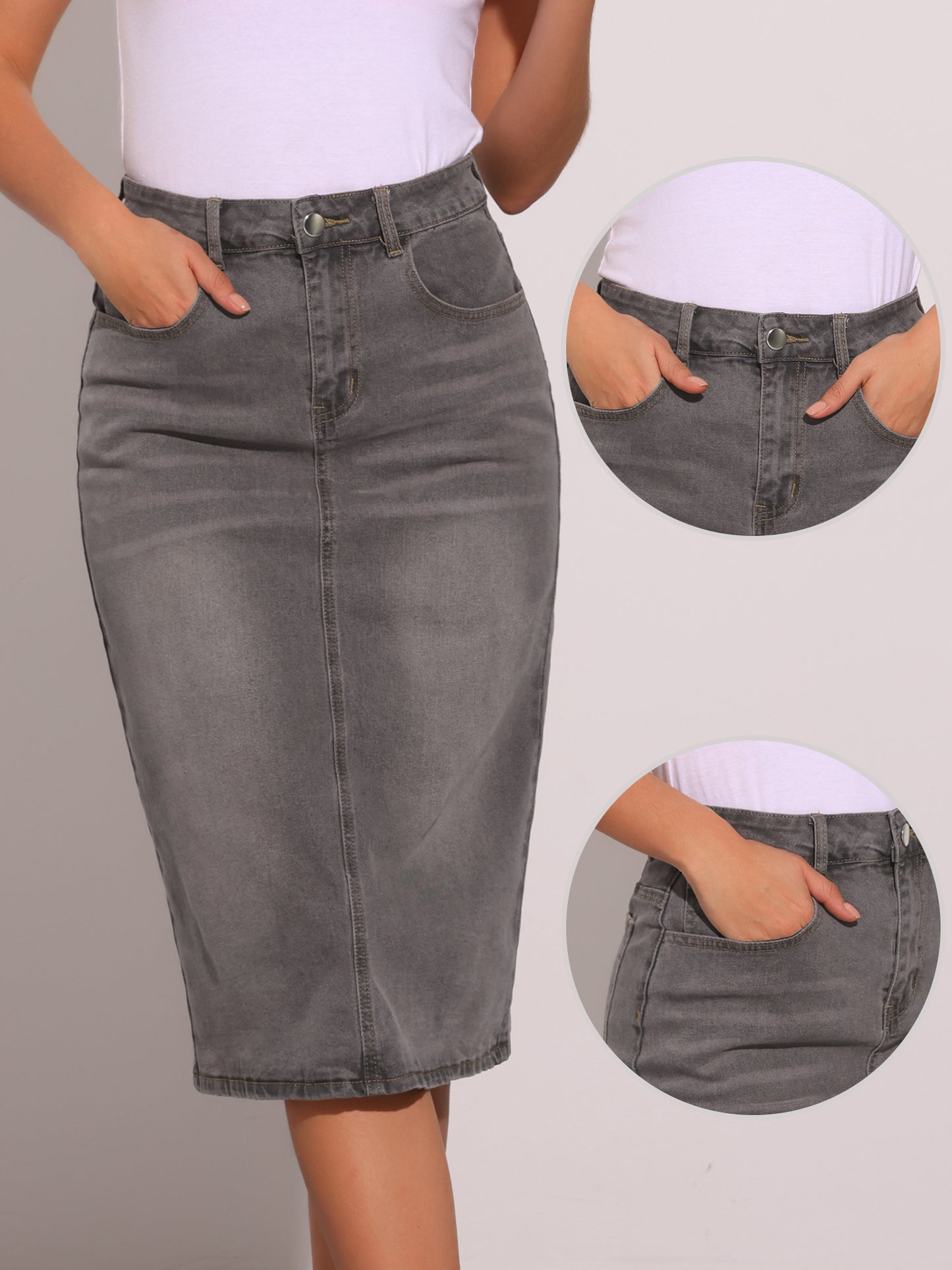 Falda vaquera informal para mujer, cintura alta, bolsillos traseros abiertos, falda vaquera midi