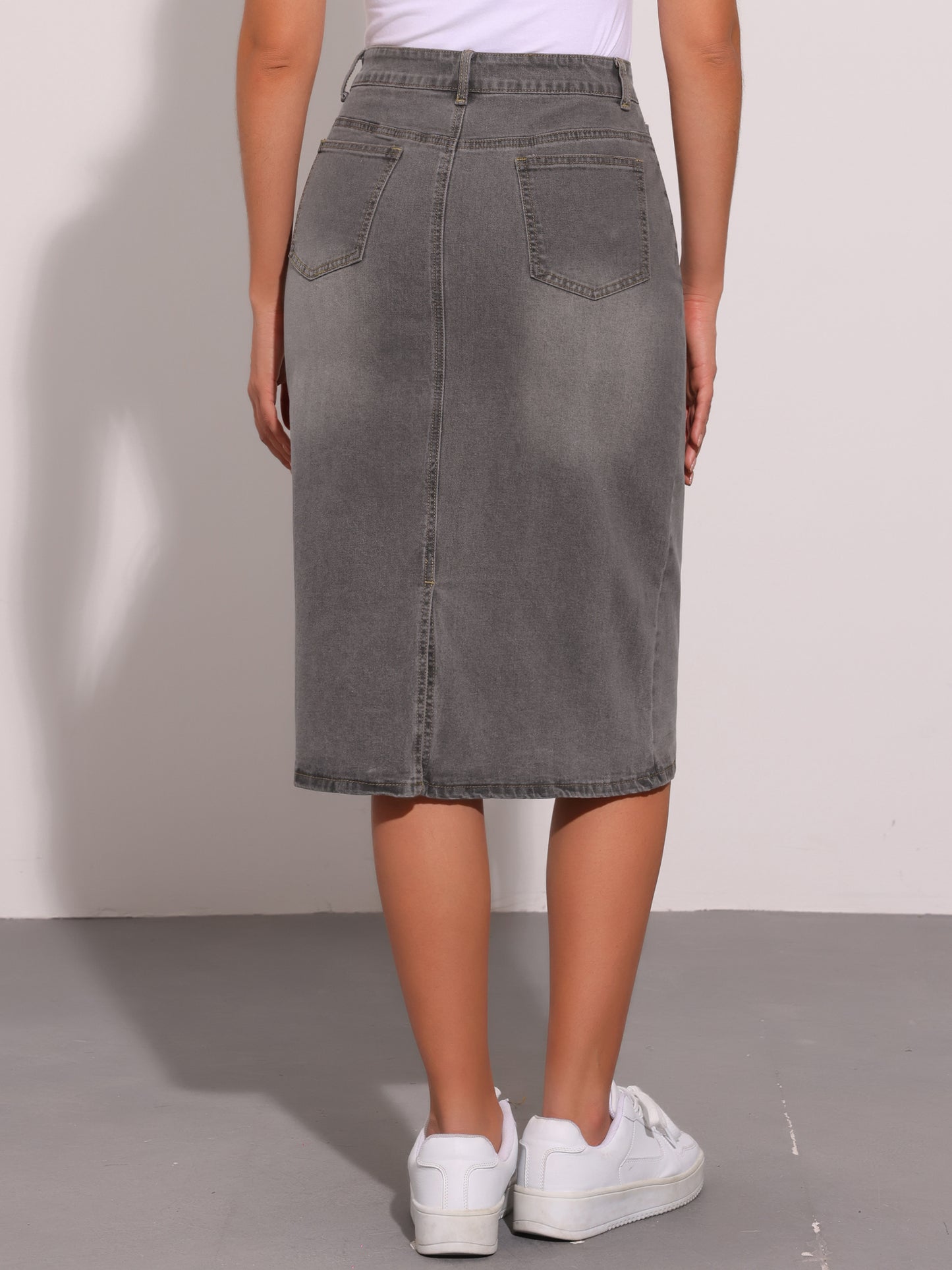 Falda vaquera informal para mujer, cintura alta, bolsillos traseros abiertos, falda vaquera midi