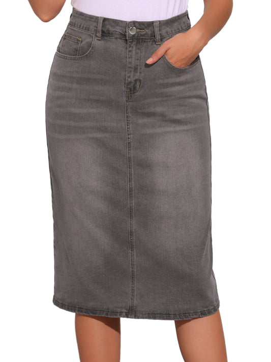 Women's Casual Denim Skirt High Waist Split Back Pockets Midi Jean Skirt